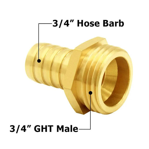 Brass Garden Hose Adapters Bundle, 2 Pack, 3/4 Inch Barb To 3/4 Inch GHT Male Threads, shown in detail