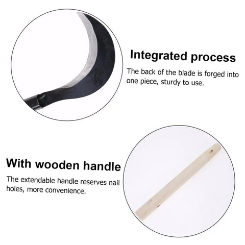 Close-up of Hand Scythe Weeder Tool For Gardening And Grass Trimming Manganese Steel Blade For Weeding Sugar Cane And Tough Ground Easy Grip Handle Durable Garden Cutting Tool showing integrated blade and wooden handle.