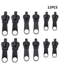 Complete 12 Piece Black Zip Puller Repair Kit With 3 Slider Sizes For Jackets, Luggage, And Backpacks, arranged on white