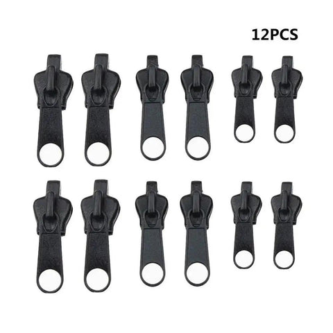 Complete 12 Piece Black Zip Puller Repair Kit With 3 Slider Sizes For Jackets, Luggage, And Backpacks, arranged on white