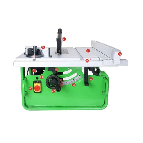 Knockout 10 Inch Mini Table Saw With Sleek Sliding Table And Dust Free Design For Smooth Woodworking Cuts Rigged With A Badass 2200W Motor, side view highlighting controls and features.