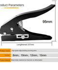 Side view of 12mm Circle Hole Punch For ID Cards And PVC Badges Hand Held Round Paper Punch with adjustable feed, black