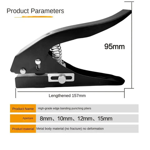 Side view of Heavy Duty 8mm Circle Hole Punch Hand Held Paper Punch with metal body, adjustable aperture 8mm to 15mm, for ID and PVC cards.