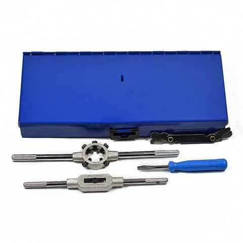 Ultimate 32 Piece Metric Thread Tap And Die Set For Pros Includes M3 To M12 Cutters Perfect For Tough Repairs And Custom Fabrication Jobs That Need Precision Taps And Dies. blue case with metric tap and die holders, screwdriver and wrench