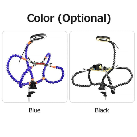 5X Magnification LED Magnifying Lamp With Clamp And Flexible Arms in blue and black, highlighting color options for crafts and DIY projects.