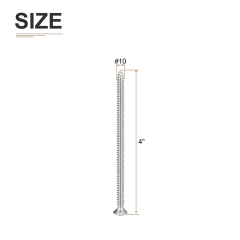 No Sweat Heavy-Duty Flat Head Wood Screws 304 Stainless Steel Self Tapping Size 10X4 Inch shown with dimensions measuring 4 inches.