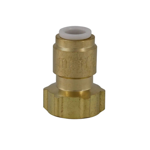 Front view of Quarter Inch To Three Eighths Inch Female Threaded Compression Reducing Adapter Lead Free Brass With Leak Free Seal For Water Filtration