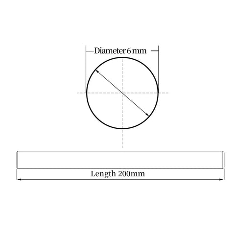 2 Pack 6mm By 200mm Linear Motion Rods for 3D Printers and CNC DIY Projects, Chrome Plated Case Hardened Steel Rails, Precision Ground for Smooth Glide, High Straightness, H8 Tolerance. Dimension diagram of 6mm x 200mm rod