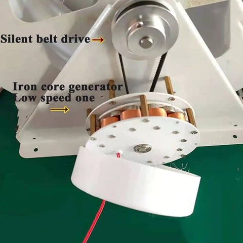 Close-up of Portable Water Turbine Generator For Off Grid Power Hydroelectric Waterwheel 50W showing belt drive and core.