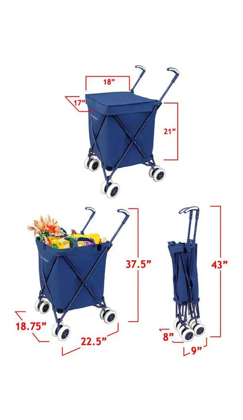 Transit Folding Shopping Cart With Water Resistant Canvas Bag Heavy Duty Steel Frame Double Front Swivel Wheels Plus Stable Rear Wheels