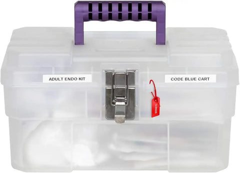 Front view of Workhorse 14 Inch Plastic Toolbox with purple handle and steel latch, labeled Adult Endo Kit and Code Blue Cart