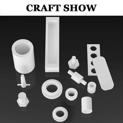 Assorted white PTFE shapes for crafting at Craft Show