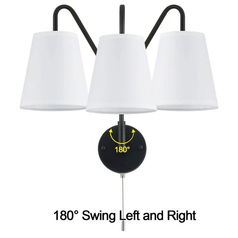 Hardwired Wall Sconces Set Of Two With 180 Degree Swing Arm Matte Black Dope Industrial Vintage Lighting White Fabric Shade