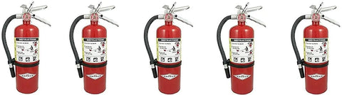 Five Pack ABC Dry Chemical Fire Extinguishers with Wall Brackets, 5 lb each, Multi Purpose Class A B C, UL Rated 3A 40B C