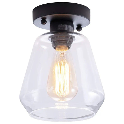 Industrial Black Semi Flush Mount Ceiling Light With Clear Glass Shade For Hallways Kitchens Dining Rooms And Entryways Dimmable With A Compatible Dimmer Switch And Easy Bulb Replacement For A Cool Industrial Vibe showing close-up of clear glass shade and warm bulb glow