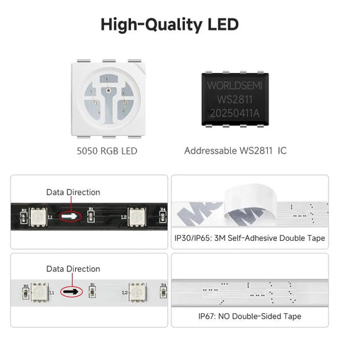 5050 RGB LED and WS2811 IC for Addressable RGB LED Strip With WS2811 IC In Lit Dream Color 16.4Ft 60LED Per Meter 20 Pixels IP65