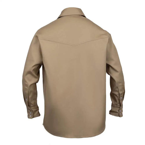 Back view of Flame Resistant Shirt, 100 Percent Cotton Twill, Lightweight 7 Ounce, Khaki Large, Arc Flash Rated ATPV 11 Cal per cm2.