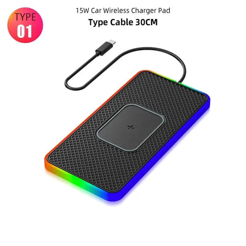 Hella Smooth 15W Wireless Charger Pad For Chevy Volt Bolt EV EUV Blazer Console with colorful LED and USB-C cable.
