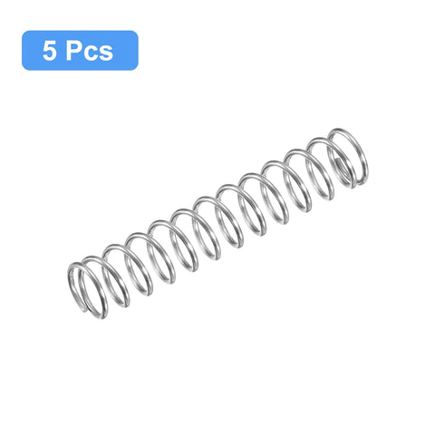 Five 304 stainless steel compression springs, 10mm OD, 1mm wire, 50mm free length, silver tone