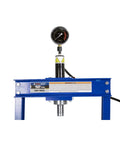 Close-up of blue 12 Ton Shop Press for Garages, DIYers, and Repair Shops with Fast Pump, 6.9 Inch Stroke, Heavy Duty H Frame