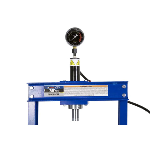 Close-up of blue 12 Ton Shop Press for Garages, DIYers, and Repair Shops with Fast Pump, 6.9 Inch Stroke, Heavy Duty H Frame