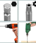 Heavy Duty T10 Security Torx Bits Built Tough As Nails S2 Steel Magnetic Screwdriver Tips in use with a drill.