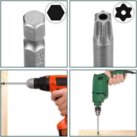 Heavy Duty T10 Security Torx Bits Built Tough As Nails S2 Steel Magnetic Screwdriver Tips in use with a drill.