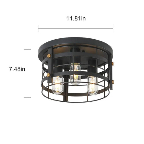 Industrial 3 Light Rustic Semi Flush Mount Ceiling Light With Metal Cage Seed Glass Shade Black Farmhouse Chandelier