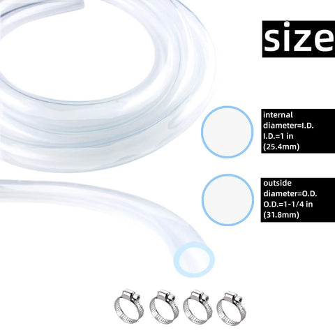 Clear PVC tubing, 1 in ID x 1-1/4 in OD, 10 ft, with four stainless steel hose clamps