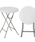 32 Inch Plastic Folding Round Bar Height Table with Gray Metal Finish for Outdoor Parties Cafes Restaurants Backyard Weddings Durable HDPE Construction 350 Lb Capacity Easy Setup White, one open and one folded view