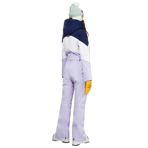 Rear view of a woman in a purple Women One Piece Ski Suit For Snowboarding And Snowmobiling, Waterproof and Windproof Jumpsuit