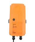 Nm24p Sr Rotary Damper Actuator Built Tough For Smooth Modulating Control And AC DC 24 Volt Power, orange casing with labeling.