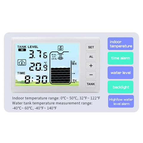 Wireless Ultrasonic Water Tank Level Gauge With Temperature Sensor And Time Display showing LCD bar graph for water level.