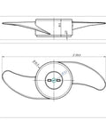 Technical drawing of Power Prop Kit 2 Blade 3 Inch Hub Trolling Motor Propeller, top and side view details.