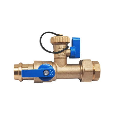 Front view of brass 3/4 in tankless water heater isolation service valve with blue lever handles and pressure relief valve
