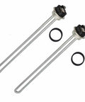 2 Pack 4500W 240V Screw In Water Heater Elements High Watt Density Chrome Coated Copper shown with dual elements and gaskets.