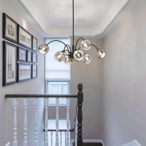 Mid Century 8 Light Glass Globe Sputnik Chandelier in Black for Living Room and Dining Room Modern Ceiling Pendant Lighting