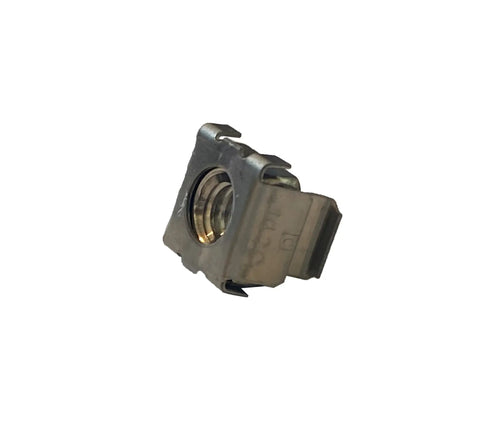 Rock Hard 1/4-20 Snap-On Stainless Steel Cage Nuts For Server Racks, angled view highlighting the captive nut design.