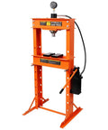 Badass 30 Ton Air Hydraulic Shop Press With Gauge And Air Pump in orange, featuring adjustable height and steel frame for auto repair.