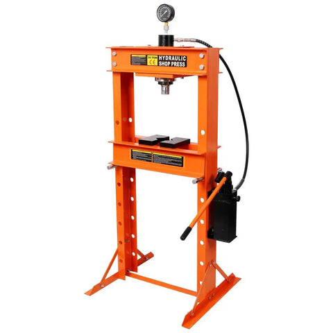 Badass 30 Ton Air Hydraulic Shop Press With Gauge And Air Pump in orange, featuring adjustable height and steel frame for auto repair.