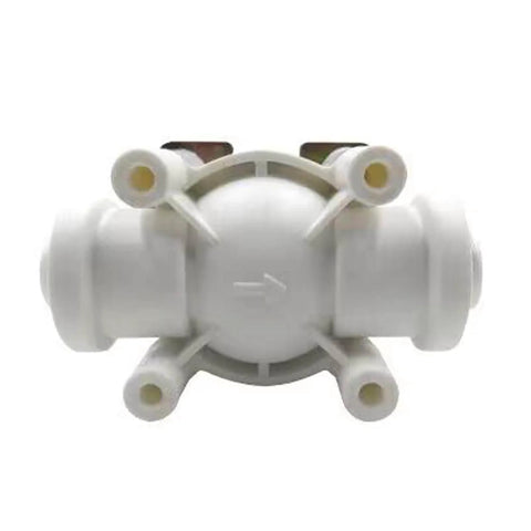 Front view of DC 12V Solenoid Valve NC Normally Closed For Water Inlet With G1/2 Inch Male Thread, white plastic body
