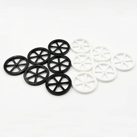 12 Piece Plastic Wheel Kit For DIY Maker Builds And RC Projects With 44mm Diameter Wheels And 2mm Bore 100mm Round Rod Shafts In Mixed Colors