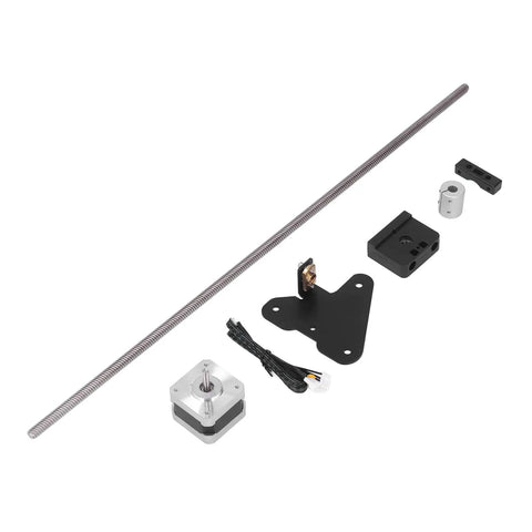 CR 10 Dual Z Axis Upgrade Kit With 515mm stainless lead screw, 42 stepper motor, and aluminum coupling components on white background.