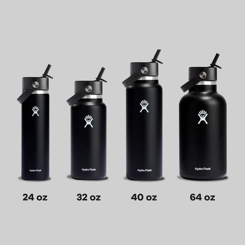 Various sizes of black insulated stainless steel water bottles with wide mouth, leakproof straw caps, including 40 oz model