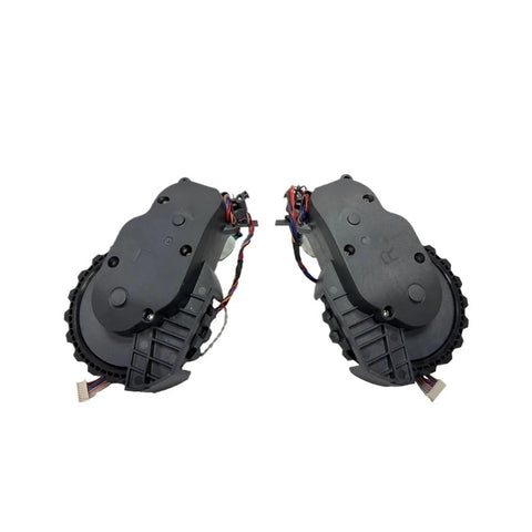 Pair of omni-directional front wheel assemblies for Roborock vacuums; black plastic with wiring harnesses.