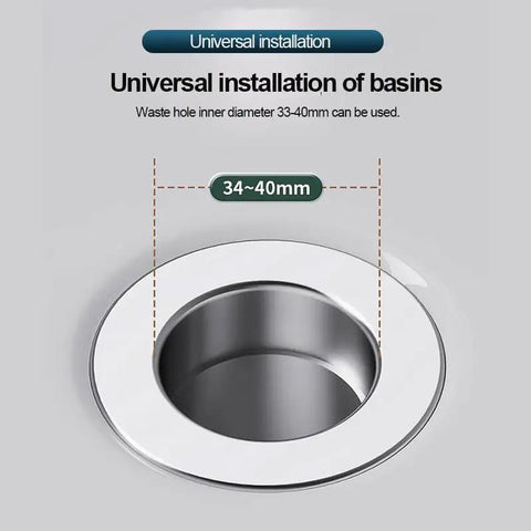Heavy Duty Bathroom Sink Stopper Strainer With Removable Stainless Steel Filter Basket Stops Hair And Gunk Keeps Drains Clear For Easy Pop Up Replacement That Chews Daily Mess Without Breaking A Sweat installed in a basin with a 34-40mm diameter.