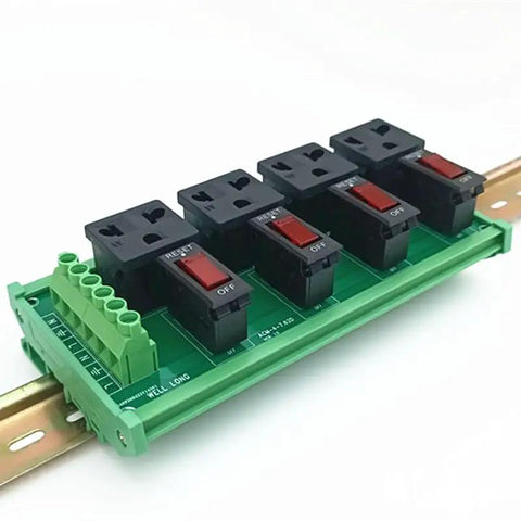Din Rail Mount AC Power Strip With Four 120 Volt Grounded Receptacles Rock Solid 10 Amp Overload Protection Heavy Duty Electrical Panel for shop use.