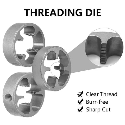 PVC Pipe Die Set Six Piece Round Die Kit For PVC Threading With Three NPT Dies One Half Inch Three Quarter Inch And One Inch details