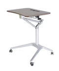 Smooth Rolling Mobile Standing Desk With Pneumatic Height Adjustable Laptop Cart Super Slick Lift System Extra Sturdy Tripod Workstation On Wheels with classic brown finish.