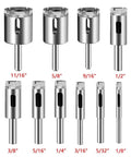 Ten diamond-coated glass drill bits set with metal cylindrical shanks, sizes 1/8 to 11/16 in